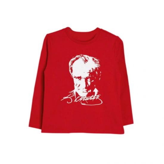 Uzun Kol Atatürk Baskılı Kırmızı Tişört